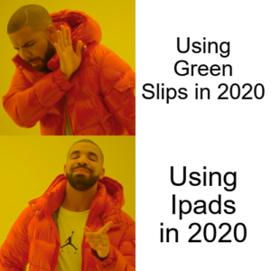 Drake meme of green slips being a no no and ipads being a thumbs up